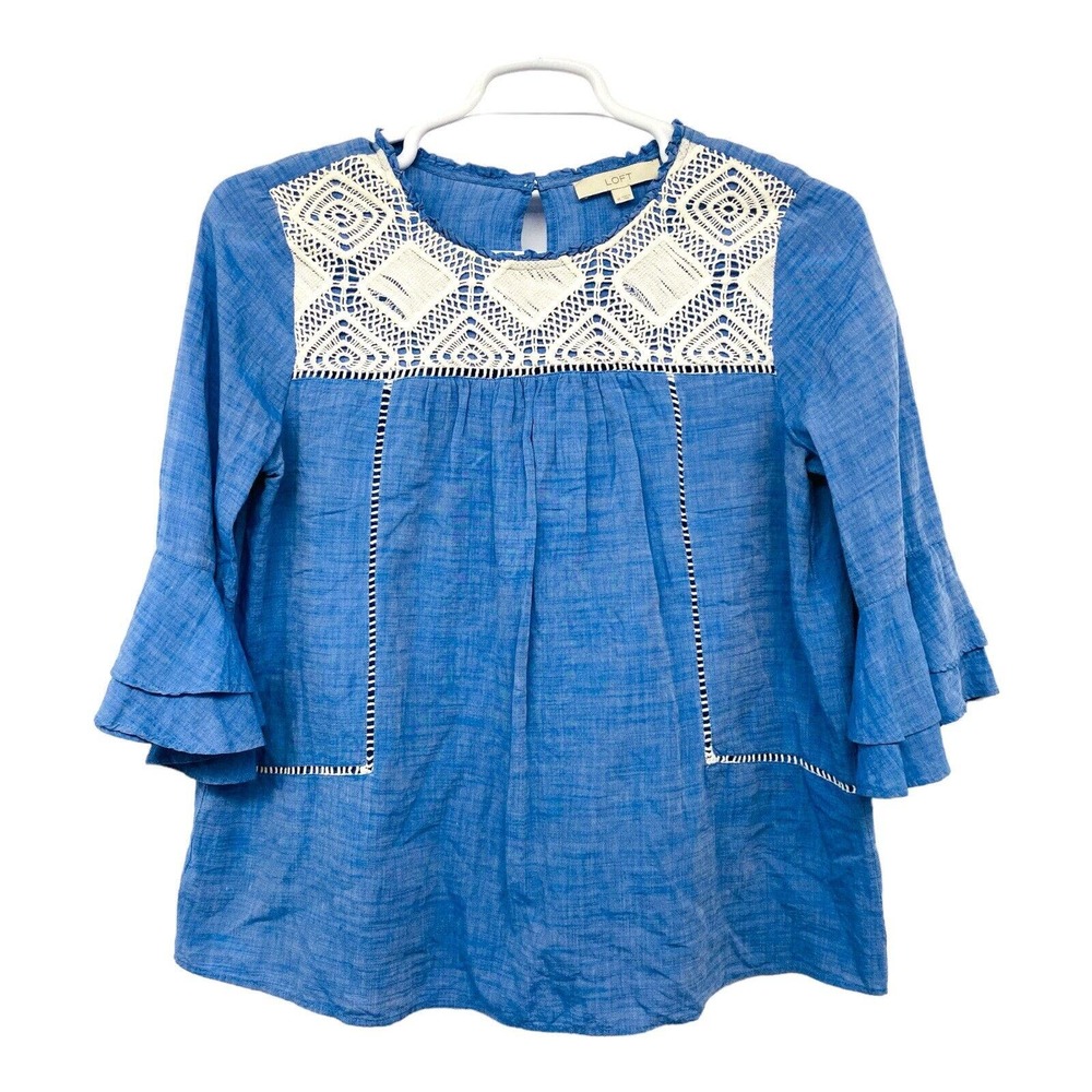 Ann Taylor Loft Chambray‎ Top Size M Ladder Lace Crochet 3/4 Flutter Sleeve